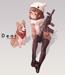  brown_eyes brown_hair cancell dog glasses gradient gradient_background gun hat long_hair looking_at_viewer no_shoes original pantyhose scarf short_hair solo weapon welsh_corgi 