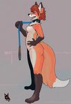  anthro breasts butt canine claws collar digital_media_(artwork) female fox hair heat_(disambiguation) leash mammal newd nipples nude open_mouth pawpads red_hair simple_background smile solo teeth tongue 