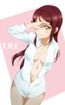  absurdres blush breasts cleavage covering_face covering_one_eye dress_shirt highres long_hair love_live! love_live!_sunshine!! medium_breasts naked_shirt no_panties open_clothes open_shirt red_hair sakurauchi_riko shirt solo surfing_orange yellow_eyes 