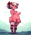  2016 anthro areola breasts clothing cyancapsule ear_piercing emelie female hair hair_bow hair_ribbon hi_res legwear looking_at_viewer mammal navel nipples piercing pig porcine purple_eyes pussy ribbons slightly_chubby solo stockings striped_legwear stripes white_hair 