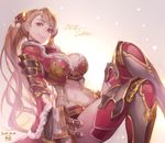  alternate_costume armor beatrix_(granblue_fantasy) breasts brown_eyes brown_hair cleavage fur_trim granblue_fantasy highres huge_breasts kakage long_hair merry_christmas navel ponytail solo thighhighs 