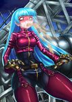  1girl ass belt blue_hair blush bodysuit breasts constricted_pupils gloves king_of_fighters kula_diamond long_hair open_mouth pants purple_eyes ryona saliva shiny shiny_clothes shiny_hair skin_tight snk soramin stomach_punch tears the_king_of_fighters tight_pants very_long_hair vomit zipper 
