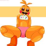  animatronic anthro avian beakless bird blush chicken clothing digital_media_(artwork) eggshoppe female five_nights_at_freddy&#039;s five_nights_at_freddy&#039;s_2 hi_res humanoid looking_at_viewer machine panties robot shirukawaboulevard simple_background smile solo spread_legs spreading teeth toy_chica_(fnaf) underwear video_games wires 