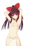  armpits arms_behind_head arms_up bangs bare_shoulders blush bow breasts brown_eyes brown_hair budget_sarashi cleavage collarbone eyebrows_visible_through_hair frilled_bow frills hair_bow hair_tubes hakurei_reimu loincloth long_hair looking_at_viewer midriff navel pelvic_curtain philomelalilium red_bow sarashi sidelocks simple_background skindentation small_breasts solo stomach touhou upper_body white_background 