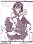  1girl bangs bed bedroom blush censored chair condessa drooling female full_body glasses grin hairband hitachi_magic_wand indoors kantai_collection legs_up long_hair looking_at_viewer masturbation monochrome no_panties no_shoes ooyodo_(kantai_collection) pussy_juice runny_nose school_uniform serafuku sitting skirt smile solo tears thighhighs toe_scrunch trembling uniform v white_background 