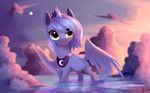  blue_eyes blue_fur blue_hair day equine feathered_wings feathers female feral friendship_is_magic fur gianghanez2880 hair horn mammal my_little_pony outside partially_submerged princess_luna_(mlp) sky smile solo water winged_unicorn wings 