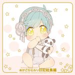  adapted_costume aqua_hair baby full_body ichigo_hitofuri male_focus onesie sayu030b sitting solo star stuffed_animal stuffed_panda stuffed_toy thumb_sucking touken_ranbu translation_request yellow_eyes younger 