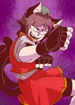  :d animal_ears bike_shorts black_gloves brown_hair cat_ears cat_tail chen constricted_pupils earrings fangs fighting_stance fingerless_gloves foreshortening gloves hat high_collar jewelry leg_up looking_at_viewer mob_cap multiple_tails nekomata open_mouth purple_background ratenbo shirt short_sleeves shorts shorts_under_skirt skirt smile solo tail touhou two_tails v-shaped_eyebrows vest 