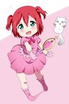  animalization commentary cosplay creature flying_sweatdrops green_eyes highres kurosawa_dia kurosawa_ruby looking_at_viewer love_live! love_live!_sunshine!! magical_girl mahou_shoujo_madoka_magica md5_mismatch mole mole_under_mouth red_hair sooki wand 