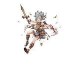  animal_ears blue_hair bracelet cape erune full_body granblue_fantasy jewelry leaf male_focus minaba_hideo official_art open_mouth ponytail sandals solo sword teeth thelonim transparent_background weapon 