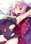  armpits arms_behind_head asahi_yanagi bare_shoulders blush chain covered_nipples dress fate/grand_order fate_(series) flat_chest helena_blavatsky_(fate/grand_order) highres purple_eyes purple_hair short_hair solo strapless sweat torn_clothes 