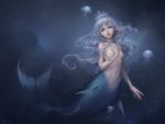  artist_name bain-henpen blue_eyes breasts conch dated full_body highres jellyfish long_hair mermaid monster_girl navel nipples nude original signature silver_hair small_breasts solo tiara underwater 