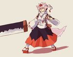  animal_ears detached_sleeves fingerless_gloves full_body geta gloves grey_hair grin hat holding holding_sword holding_weapon huge_weapon inubashiri_momiji looking_afar pom_pom_(clothes) ratenbo red_eyes sarashi short_hair simple_background smile smirk solo standing sword tail tengu-geta tokin_hat touhou weapon wide_sleeves wolf_ears wolf_tail 