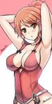  :o alternate_costume aquila_(kantai_collection) armpits arms_behind_head arms_up artist_name bare_shoulders blush breasts brown_eyes brown_hair character_name chestnut_mouth cleavage commentary_request covered_navel eyebrows_visible_through_hair groin hair_ornament hairclip highres kantai_collection looking_at_viewer medium_breasts open_mouth out-of-frame_censoring ponytail sleeveless solo the-sinner two-tone_background upper_body 