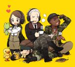  3boys 50yen :d arm_up bangs baseball_cap big_boss binoculars bird black_eyes black_footwear black_gloves black_hat black_legwear black_neckwear blue_eyes blush blush_stickers boots brown_eyes brown_hair brown_pants brown_skirt buttons caloriemate camouflage camouflage_pants closed_eyes collared_shirt cross-laced_footwear crossed_legs cup dark_skin drill duck eating eyepatch facial_hair food food_in_mouth food_on_face full_body gloves hat headband headset heart heart-shaped_pupils holding holding_binoculars holding_cup holding_food indian_style jacket kneeling lace-up_boots long_sleeves lying major_zero metal_gear_(series) metal_gear_solid metal_gear_solid_3 motion_lines mouth_hold multiple_boys mustache necktie on_back one_eye_closed open_mouth pants para-medic_(mgs3) partly_fingerless_gloves pencil_skirt saucer scar scar_across_eye shadow shirt shoes short_hair sigint simple_background sitting sitting_on_person skirt sleeveless sleeves_rolled_up smile smoke standing swept_bangs symbol-shaped_pupils teacup tsuchinoko uniform very_dark_skin white_hair white_shirt yellow_background zipper zipper_pull_tab 
