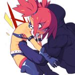  1girl bad_id bad_pixiv_id bare_shoulders demon_girl disgaea earrings etna flat_chest gloves jewelry makai_senki_disgaea metata open_mouth pointy_ears punching red_eyes red_hair ryona saliva short_hair simple_background skull_earrings solo_focus stomach_punch twintails white_background 
