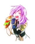  blush breasts cape closed_eyes final_fantasy final_fantasy_xiii fingerless_gloves food gloves hamburger highres large_breasts lightning_farron long_hair open_mouth orihara_sachiko pink_hair simple_background solo white_background 