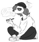  anthro black_and_white breasts canine clothing dog drugs female frown hair hat mammal monochrome nobby smoke solo 