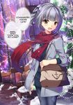  anchor_symbol bag bangs black_legwear black_ribbon black_sweater blush brown_eyes buttons christmas_lights christmas_ornaments christmas_tree commentary cowboy_shot english eyebrows_visible_through_hair eyes_visible_through_hair grey_hair grey_jacket hair_ribbon handbag highres jacket jewelry kantai_collection kasumi_(kantai_collection) lamppost long_hair looking_at_viewer necklace open_mouth pantyhose red_scarf remodel_(kantai_collection) ribbon ring scarf sheita shiny shiny_hair side_ponytail snow solo sparkle speech_bubble sweater talking tree unbuttoned wedding_band wind window 