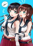  2girls agano_(kantai_collection) aqua_eyes bangs black_hair blue_background blush braid breasts brown_hair chopsticks cleavage eyebrows_visible_through_hair fish gloves grabbing grabbing_from_behind hand_up hands_on_another's_stomach kantai_collection large_breasts long_hair looking_at_another midriff multiple_girls noshiro_(kantai_collection) open_mouth pleated_skirt saury school_uniform serafuku simple_background single_braid skirt sleeveless speech_bubble sweatdrop white_gloves yunamaro 