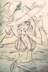  1girl artist_request bare_shoulders beach bikini blonde_hair breasts dark_magician_girl duel_monster female gradient gradient_background hat large_breasts long_hair looking_at_viewer magical_girl monochrome navel salute shiny_skin smile solo swimsuit traditional_media wink wizard_hat yu-gi-oh! yuu-gi-ou_duel_monsters 
