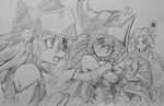  4girls artist_request bare_shoulders breasts card_ejector dark_magician_girl duel_monster fairy gagaga_girl hat large_breasts long_hair magical_girl monochrome multiple_girls traditional_media wizard_hat yu-gi-oh! yuu-gi-ou_duel_monsters 