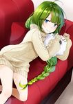  ahoge aran_sweater bangs blue_bow blue_eyes bow braid couch dress eyebrows_visible_through_hair green_hair kantai_collection long_hair lying miss_cloud mole mole_under_mouth on_couch on_side red_bow single_braid sleeves_past_wrists solo sweater sweater_dress turtleneck very_long_hair yunamaro yuugumo_(kantai_collection) 