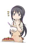  akemi_homura apron baking black_hair blush bowl food food_on_face food_on_finger fruit hairband long_hair mahou_shoujo_madoka_magica purple_eyes samidare solo strawberry whipped_cream whisk 