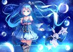  blue_eyes blue_hair bunny detached_sleeves dress floating_hair hair_ornament hatsune_miku long_hair looking_at_viewer one_eye_closed revision scarf snowflakes star star_night_snow_(vocaloid) twintails very_long_hair vocaloid yan_(nicknikg) yuki_miku yukine_(vocaloid) 