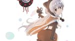  animal_ears black_legwear brown_eyes bubble_skirt fake_animal_ears fingerless_gloves fur_trim gloves instrument lavender_hair long_hair looking_back magical_girl mahou_shoujo_madoka_magica mahou_shoujo_madoka_magica_movie momoe_nagisa pantyhose pom_pom_(clothes) pyotr_(madoka_magica) samidare skirt smile suspenders trumpet white_hair 