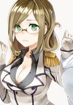  1girl admiral_(kantai_collection) arm_holding blonde_hair breasts cleavage collarbone collared_shirt epaulettes eyebrows_visible_through_hair folded_ponytail frown glasses gloves green_eyes grey_shirt hand_on_another's_arm hands_up kantai_collection katori_(kantai_collection) large_breasts long_sleeves out_of_frame semi-rimless_eyewear shirt simple_background solo_focus unbuttoned unbuttoned_shirt upper_body white_background white_gloves yunamaro 