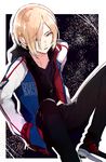  bad_id bad_pixiv_id blonde_hair green_eyes hands_in_pockets highres hood hoodie jacket male_focus parted_lips sitting sofy solo track_jacket yuri!!!_on_ice yuri_plisetsky 