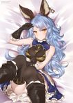  animal_ears artist_name bangs black_footwear black_gloves black_legwear black_panties blue_hair blue_skirt blush boots breastplate breasts brown_eyes closed_mouth earrings erune eyebrows eyebrows_visible_through_hair ferry_(granblue_fantasy) frills gloves granblue_fantasy hair_ornament hand_up highres hoop_earrings jewelry legs_up long_hair looking_at_viewer lying medium_breasts on_back panties single_earring skirt sleeveless solo thighhighs underwear upskirt wavy_hair yaman yellow_eyes 