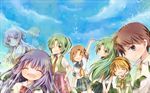  6+girls bangs blonde_hair blush brown_hair closed_eyes furude_rika green_eyes green_hair grey_eyes hanyuu higurashi_no_naku_koro_ni horns houjou_satoko houjou_satoshi long_hair looking_at_viewer maebara_keiichi multiple_boys multiple_girls one_eye_closed open_mouth purple_hair ryuuguu_rena short_hair sidelocks skirt smile sonozaki_mion sonozaki_shion transparent tsukishio_kanoka 