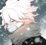  1boy black_jacket commentary_request covered_mouth danganronpa danganronpa_3 eyebrows_visible_through_hair face face_mask from_side green_eyes grey_scarf hair_between_eyes half-closed_eyes jacket komaeda_nagito looking_to_the_side male_focus mask messy_hair scarf shell_(shell518) short_hair snow solo super_danganronpa_2 white_face_mask white_hair 