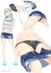  ama_mitsuki aqua_eyes aqua_hair ass bare_legs black_panties blush body_pillow bow bow_panties bracelet breasts collarbone commentary crossed_arms dated denim denim_skirt hair_ornament hairclip jewelry kantai_collection long_hair long_sleeves lying medium_breasts miniskirt multiple_views navel on_side open_clothes open_mouth open_skirt panties pillow pillow_hug shirt signature simple_background skirt skirt_pull slippers standing striped suzuya_(kantai_collection) underwear upskirt vertical-striped_panties vertical_stripes white_background white_shirt 