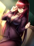  alternate_costume black_legwear breasts classroom cleavage fate/grand_order fate_(series) formal glasses indoors large_breasts long_hair mallizmora pantyhose pencil_skirt pointer purple_hair red_eyes scathach_(fate)_(all) scathach_(fate/grand_order) skirt skirt_suit smile solo suit teacher very_long_hair 