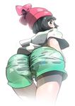 1girl ass beanie black_hair blue_eyes blush cameltoe elbow eyebrows_visible_through_hair female_protagonist_(pokemon_sm) floral_print from_behind from_below highres huge_ass light looking_back nintendo pantylines pokemon pokemon_(game) pokemon_sm red_hat see-through shirt short_hair short_shorts short_sleeves shorts simple_background solo white_background 