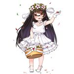  arm_up basket black-framed_eyewear black_hair braid choker deneb_(noble324) dress flower full_body glasses gloves hair_flower hair_ornament hanasaki_tomoyo_(uchi_no_hime-sama) headdress holding long_hair looking_at_viewer official_art open_mouth petals red_eyes semi-rimless_eyewear solo transparent_background uchi_no_hime-sama_ga_ichiban_kawaii white_dress white_gloves younger 