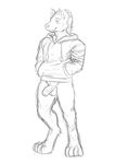  anthro balls clothing digitigrade front_view greyscale guide_lines half-erect hands_in_pockets hoodie humanoid_penis hyena male mammal monochrome penis pteryon sketch smile solo standing sweat sweatdrop uncut 
