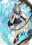  animal_ears black_gloves blue_hair blue_skirt brown_eyes erune ferry_(granblue_fantasy) fur-trimmed_gloves fur_trim gloves granblue_fantasy highres holding holding_weapon holding_whip long_hair miniskirt motion_blur open_mouth shirt skirt sleeveless sleeveless_shirt solo standing water wavy_hair weapon whip yaman 