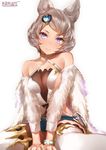  animal_ears bangs bare_shoulders blue_eyes bracelet breasts closed_mouth detached_sleeves erune eyebrows eyebrows_visible_through_hair frills fur_trim granblue_fantasy hair_ornament halterneck head_tilt heart heart_hair_ornament highres jewelry large_breasts looking_at_viewer mole mole_under_mouth short_hair sideboob silver_hair simple_background sitting solo sutera_(granblue_fantasy) swept_bangs thighhighs wariza white_background white_legwear yaman 