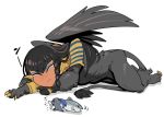  ambiguous_gender armor berserker_(fate/zero) black_feathers black_fur bracelet braided_hair brown_hair brown_skin chibi claws egyptian_clothing eyeliner eyes_closed fate/grand_order fate_(series) feathered_wings feathers felid feline female feral fish fur hair helmet human humanoid_face jewelry larger_female lying makeup male mammal marine micro on_front sidotama size_difference smaller_male sphinx sphinx_queen_(fate/grand_order) tail_tuft tuft wings 