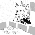  2016 ambiguous_gender anthro baby black_and_white canine christmas christmas_tree clothed clothing disney fox group half-closed_eyes hand_holding hand_on_shoulder holidays jack_savage lagomorph male mammal monochrome nick_wilde rabbit replytoanons smile tree window young zootopia 