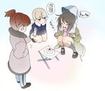  brown_hair cake cellphone cold food girls_und_panzer hat jacket long_hair mika_(girls_und_panzer) mikko_(girls_und_panzer) multiple_girls phone short_hair skirt smartphone sneezing snot twintails wata_do_chinkuru 