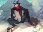  anthro canine kardie male mammal nude outside scarf sitting smile snow solo spread_legs spreading 