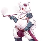  anthro armor blush braces bulge canine clothing cub dog flaccid lambent lambent_panpan loincloth mammal moobs navel nipples overweight pauldron penis penis_outline pipe pose standing young 
