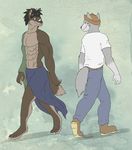  2012 abs anthro barefoot belt blekarotva boots brown_fur brown_hair claws clothed clothing digital_media_(artwork) duo feet footwear fur grey_fur grin hair hat male male/male pants shirt smile smirk walking 