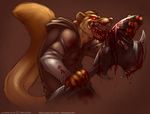  anthro axe blood clothed clothing dokiestudioz ferret fur looking_at_viewer male mammal melee_weapon mustelid solo tongue tongue_out weapon 