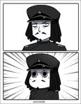  1boy abyssal_admiral_(kantai_collection) admiral_suwabe admiral_suwabe_(cosplay) black_hair borrowed_character comic commentary cosplay epaulettes facial_hair goatee greyscale hairlocs hat kantai_collection kei-suwabe military military_hat military_uniform monochrome moomin moomintroll muppo mustache parody peaked_cap sweatdrop trembling twitter_username uniform white_background 